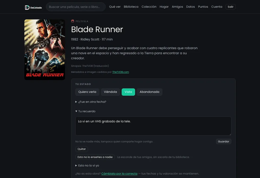 La ficha de Blade Runner: carátula, sinopsis, los cuatro botones de estado con «Vista» marcado, y una nota privada escrita debajo.